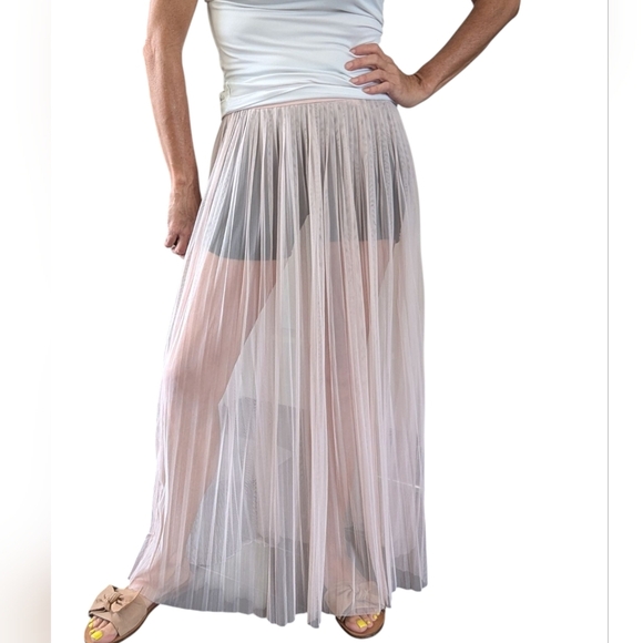 H&M Limited Edition SHEER Mesh Pleated Long Pastel Pink Festival Skirt Size 4 - Picture 2 of 15